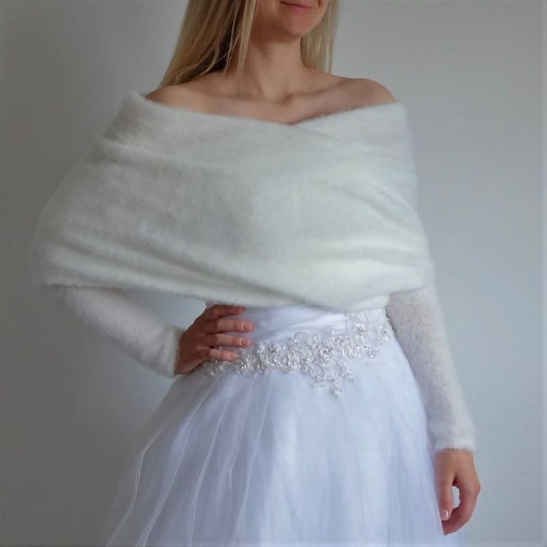 Wedding sweater, bridal shawl with sleeves, fluffy bridal bolero, wedding jacket, Knitted shrug for bride, Ivory Wedding cape Pola image 6