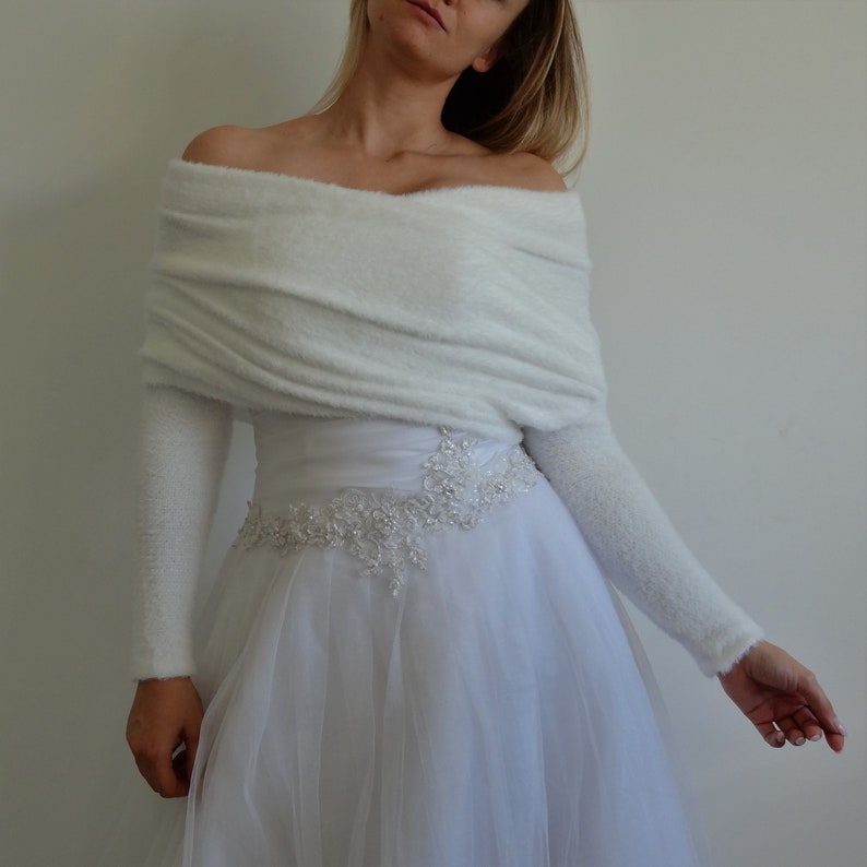 Pull de mariage ivoire pour mariée châle de mariée moelleux avec manches, boléro en tricot élégant étole de veste de mariage image 1