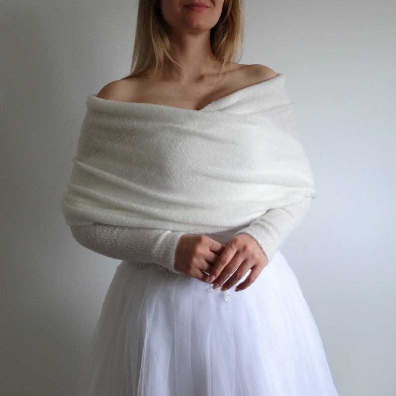 Scialle da sposa con maniche avorio, copertura da sposa, stola, involucro, mantello, sciarpa maglione bolero avorio, giacca da sposa, scrollata di spalle immagine 1