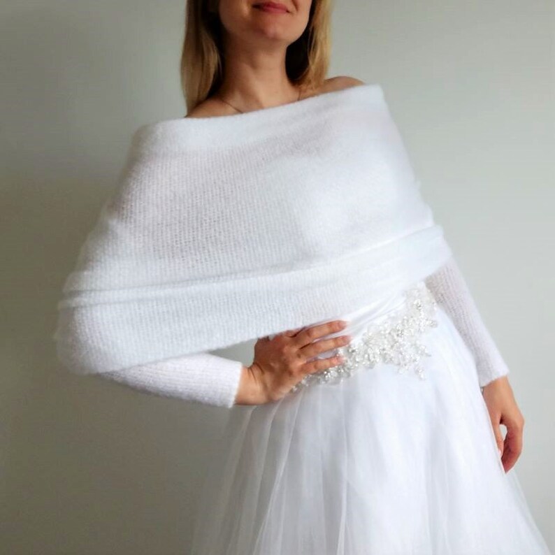 Scialle da sposa con maniche: Stola da sposa bianca Maglione da sposa elegante, elegante e moderno. Sciarpa bianca con braccia, bolero da sposa, copricostume immagine 8