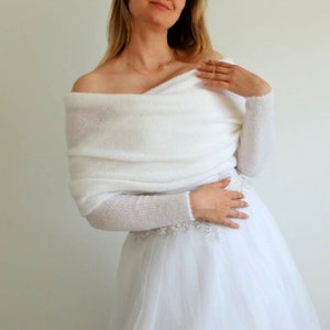 Châle de mariage avec manches : châle de mariée blanc pull de mariage élégant, stylé et moderne. Écharpe blanche avec bras, boléro de mariée, couvre-chef image 5