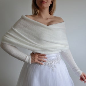 Scialle da sposa con maniche avorio, copertura da sposa, stola, involucro, mantello, sciarpa maglione bolero avorio, giacca da sposa, scrollata di spalle immagine 6