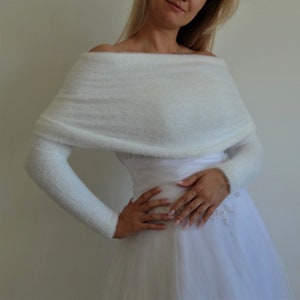 Pull de mariage ivoire pour mariée châle de mariée moelleux avec manches, boléro en tricot élégant étole de veste de mariage image 7