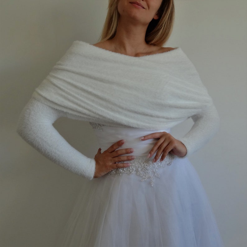 Pull de mariage ivoire pour mariée châle de mariée moelleux avec manches, boléro en tricot élégant étole de veste de mariage image 3