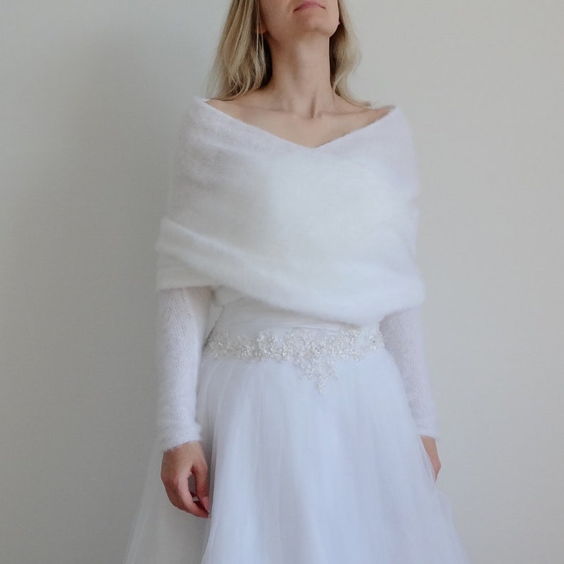 Pull de mariage blanc, châle avec manches, boléro de mariée moelleux, camouflage, haussement d'épaules de boléro, étole de mariée, idéal pour des occasions spéciales image 7