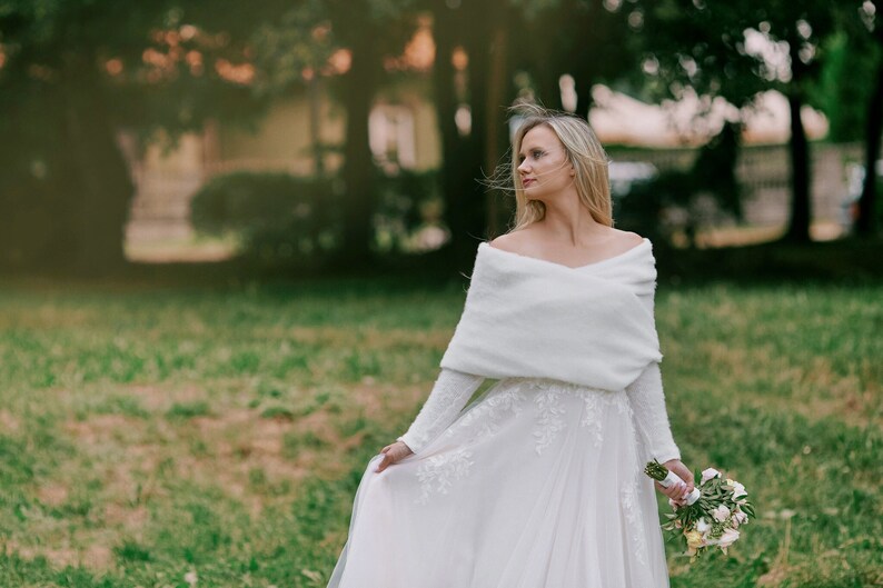 white wedding shawl with sleeves