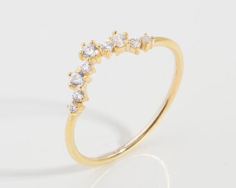 Gold Diamond Cluster Ring, 10K 14K 18K Gold Wedding Engagement Ring, Multi Stone CZ Ring, Minimalist Thin Stacking Ring, Bridesmaid Gifts