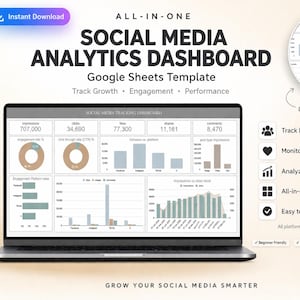 Può includere: Un laptop con un modello di dashboard di analisi dei social media. Lo schermo mostra grafici e diagrammi per il monitoraggio della crescita, dell'engagement e delle prestazioni. Il testo include "Download istantaneo" e "Dashboard di analisi dei social media all-in-one".