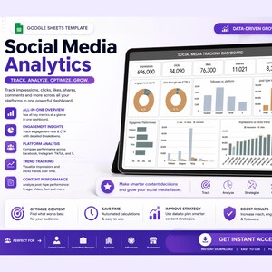 May include: A tablet screen shows a social media analytics dashboard with data visualisations. The interface displays metrics for impressions, clicks, likes, and shares. Text on the screen reads "Track, Analyse, Optimise, Grow." The template is designed for data-driven growth.