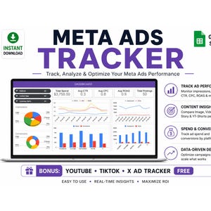 Può includere: Uno schermo di un laptop mostra una dashboard con grafici, etichettata come "META ADS TRACKER". L'immagine include il testo: "Tieni traccia, analizza e ottimizza le tue prestazioni di Meta Ads". Il testo aggiuntivo include "Download istantaneo", "Fogli Google" e tracker bonus per YouTube, TikTok e X Ads.