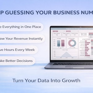 K&ouml;nnte beinhalten: Ein Laptop mit Gesch&auml;ftsdatenanalysen mit Diagrammen. Der Bildschirm zeigt Finanzinformationen mit dem Text "Stop Guessing Your Business Numbers". Das Bild enth&auml;lt die S&auml;tze "See Everything in One Place", "Know Your Revenue Instantly", "Save Hours Every Week" und "Make Better Decisions."