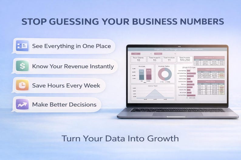 K&ouml;nnte beinhalten: Ein Laptop mit Gesch&auml;ftsdatenanalysen mit Diagrammen. Der Bildschirm zeigt Finanzinformationen mit dem Text "Stop Guessing Your Business Numbers". Das Bild enth&auml;lt die S&auml;tze "See Everything in One Place", "Know Your Revenue Instantly", "Save Hours Every Week" und "Make Better Decisions."