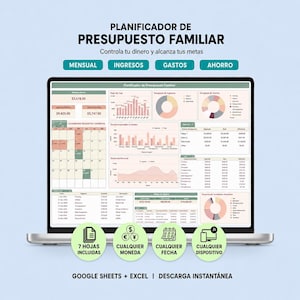 Peut inclure: Un planificateur de budget familial numérique affiché sur un écran d'ordinateur portable, avec le texte PLANIFICADOR DE PRESUPUESTO FAMILIAR. L'interface comprend des graphiques, un calendrier et des tableaux pour suivre les revenus et dépenses.