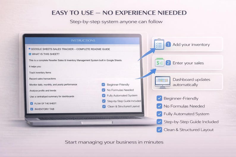 May include: A laptop displaying a Google Sheets sales tracker with instructions. The text reads "Easy to Use - No Experience Needed." Features include inventory tracking, sales recording, and dashboard updates. The system is beginner-friendly and fully automated.