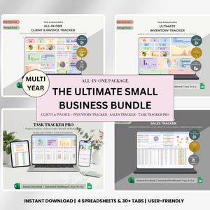 Può includere: L'Ultimate Small Business Bundle, un pacchetto all-in-one con quattro fogli di calcolo e oltre 30 schede. Include tracker clienti e fatture, inventario, vendite e attività. Download immediato e design intuitivo.