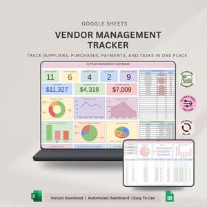 Op de afbeelding: Screenshot van een vendor management tracker op een laptopscherm. De spreadsheet toont financiële gegevens, grafieken en de tekst "VENDOR MANAGEMENT TRACKER". De tekst "Instant Download | Automated Dashboard | Easy To Use" is ook zichtbaar.