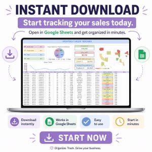 May include: A laptop screen displays a monthly sales tracker in Google Sheets. The image includes the text "INSTANT DOWNLOAD" and "Start tracking your sales today." Additional text includes "Download instantly," "Works in Google Sheets," and "Start Now."