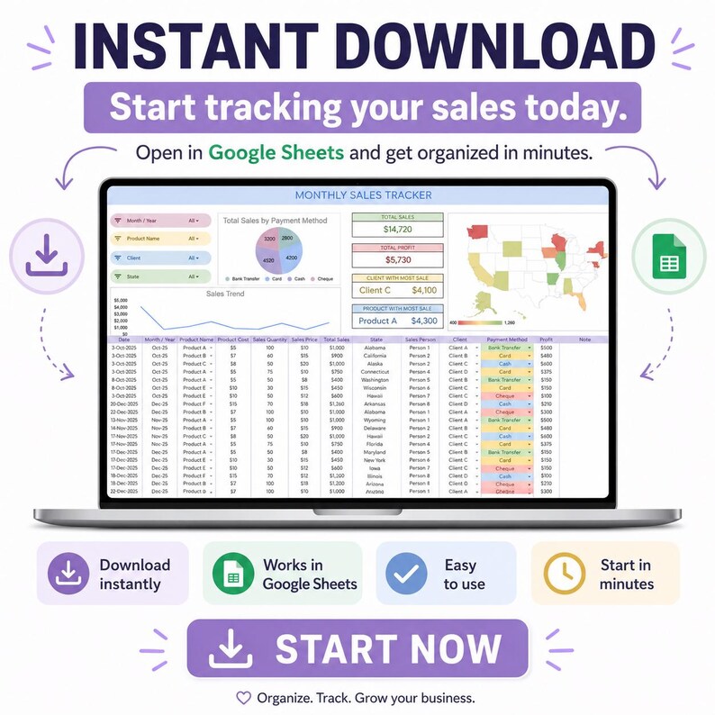 May include: A laptop screen displays a monthly sales tracker in Google Sheets. The image includes the text "INSTANT DOWNLOAD" and "Start tracking your sales today." Additional text includes "Download instantly," "Works in Google Sheets," and "Start Now."