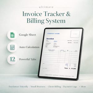 Może przedstawiać: Cyfrowy tablet wyświetla szablon faktury z tekstem "Invoice Tracker & Billing System". Funkcje obejmują integrację z Arkuszami Google, automatyczne obliczenia i 12 kart. Całkowita kwota na fakturze wynosi 560 000 zł. Dodatkowy tekst obejmuje "Freelancer Friendly" i "Small Business."