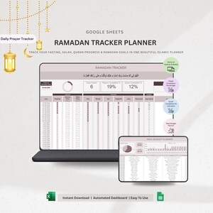 Puede incluir: Una pantalla de portátil que muestra un planificador de seguimiento del Ramadán en Google Sheets. El planificador realiza un seguimiento del ayuno, la oración, el progreso del Corán y los objetivos. La pantalla muestra tablas de datos, gráficos y el texto "RAMADAN TRACKER PLANNER".