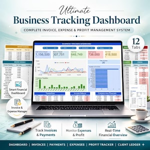 May include: A laptop displaying a business tracking dashboard with financial data, charts, and graphs. The screen shows invoice summaries, expense details, and profit information. The image includes a calculator, pens, and a coffee cup.
