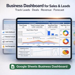 Può includere: Dashboard aziendale digitale su schermo di tablet, che mostra dati di vendita e lead. Il dashboard include grafici per il valore degli affari, i ricavi e le spese. Il testo sullo schermo recita "Business Dashboard for Sales & Leads."