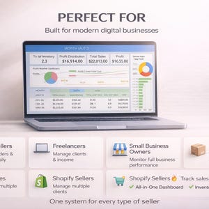 May include: A laptop displaying financial data with charts and graphs. Text at the top reads "PERFECT FOR Built for modern digital businesses." Below are icons for Etsy sellers, freelancers, small business owners, and resellers.