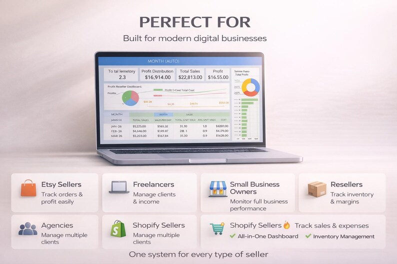 May include: A laptop displaying financial data with charts and graphs. Text at the top reads "PERFECT FOR Built for modern digital businesses." Below are icons for Etsy sellers, freelancers, small business owners, and resellers.