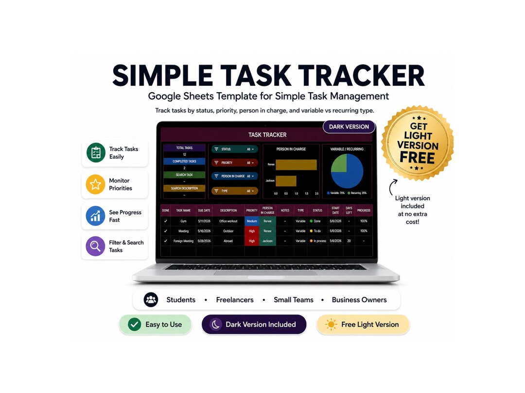 Simple Task Tracker Spreadsheet Template, Daily to Do List, Project ...