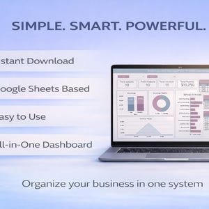 K&ouml;nnte beinhalten: Ein Laptop-Bildschirm mit einem Business-Dashboard mit Diagrammen und Daten. Das Bild enth&auml;lt den Text &bdquo;SIMPLE. SMART. POWERFUL.&ldquo; und zeigt &bdquo;Sofort-Download&ldquo;, &bdquo;Google Sheets-basiert&ldquo;, &bdquo;Einfach zu bedienen&ldquo; und &bdquo;All-in-One-Dashboard&ldquo;. Der Slogan lautet: &bdquo;Organisieren Sie Ihr Unternehmen in einem System&ldquo;.