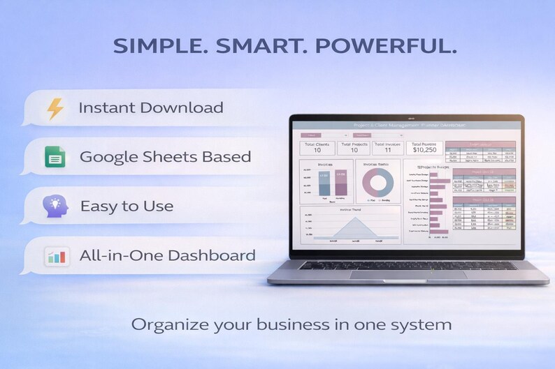 K&ouml;nnte beinhalten: Ein Laptop-Bildschirm mit einem Business-Dashboard mit Diagrammen und Daten. Das Bild enth&auml;lt den Text &bdquo;SIMPLE. SMART. POWERFUL.&ldquo; und zeigt &bdquo;Sofort-Download&ldquo;, &bdquo;Google Sheets-basiert&ldquo;, &bdquo;Einfach zu bedienen&ldquo; und &bdquo;All-in-One-Dashboard&ldquo;. Der Slogan lautet: &bdquo;Organisieren Sie Ihr Unternehmen in einem System&ldquo;.
