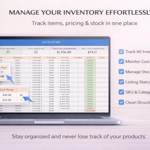 May include: A laptop displaying an inventory management system. The screen shows a spreadsheet with item details, cost, and pricing. Text on the screen reads "Manage Your Inventory Effortlessly" and "Track items, pricing & stock in one place."