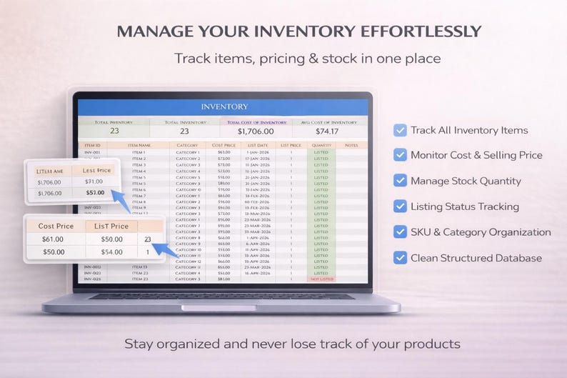 May include: A laptop displaying an inventory management system. The screen shows a spreadsheet with item details, cost, and pricing. Text on the screen reads "Manage Your Inventory Effortlessly" and "Track items, pricing & stock in one place."