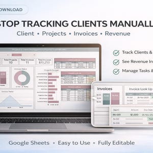 K&ouml;nnte beinhalten: Ein Laptop und ein Tablet zeigen ein Dashboard zur Kunden- und Projektverwaltung. Der Bildschirm zeigt Diagramme, Grafiken und Datentabellen. Auf dem Bildschirm steht &bdquo;STOP TRACKING CLIENTS MANUALLY&ldquo;. Zus&auml;tzlicher Text lautet &bdquo;Track Clients & Projects Easily&ldquo;, &bdquo;See Revenue Instantly&ldquo; und &bdquo;Manage Tasks & Invoices&ldquo;.
