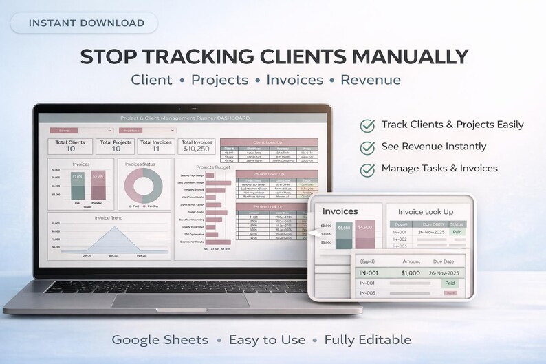 K&ouml;nnte beinhalten: Ein Laptop und ein Tablet zeigen ein Dashboard zur Kunden- und Projektverwaltung. Der Bildschirm zeigt Diagramme, Grafiken und Datentabellen. Auf dem Bildschirm steht &bdquo;STOP TRACKING CLIENTS MANUALLY&ldquo;. Zus&auml;tzlicher Text lautet &bdquo;Track Clients & Projects Easily&ldquo;, &bdquo;See Revenue Instantly&ldquo; und &bdquo;Manage Tasks & Invoices&ldquo;.