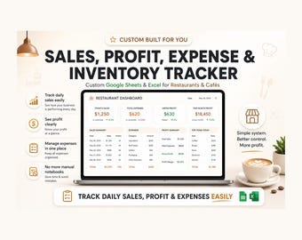 May include: A laptop displays a restaurant dashboard with sales, profit, expense, and inventory tracking data. The screen shows daily sales, expenses, and profit summaries. Text on the screen reads "Track daily sales, profit & expenses easily." A coffee cup and plant are in the foreground.