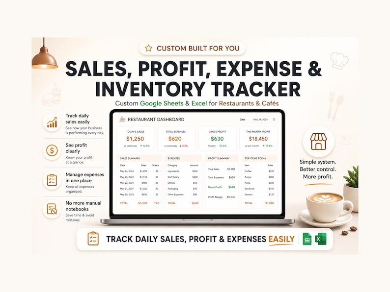Restaurant & Cafe Sales Profit Expense Inventory Tracker, Custom Google ...