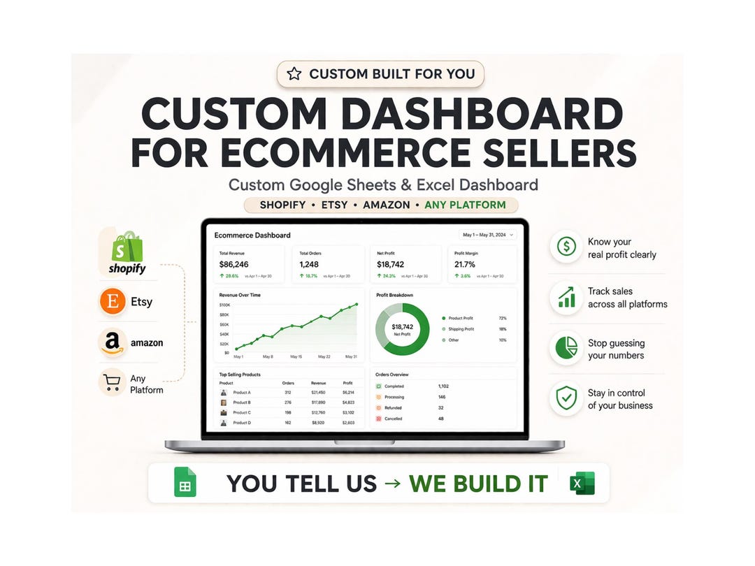 Custom Ecommerce Dashboard | Google Sheets, Excel Sales Tracker ...