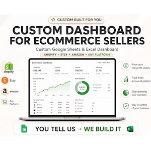 Puede incluir: Una pantalla de portátil muestra un panel de control personalizado para vendedores de comercio electrónico. El panel muestra datos de ventas, ingresos y métricas de ganancias. La imagen incluye logotipos de Shopify, Etsy y Amazon.