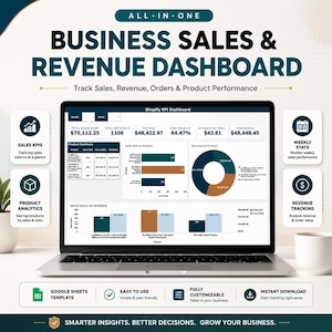 May include: A laptop displays a business sales and revenue dashboard with key performance indicators. The screen shows sales metrics, product analytics, and revenue tracking data. Text includes "Business Sales & Revenue Dashboard" and "Track Sales, Revenue, Orders & Product Performance."