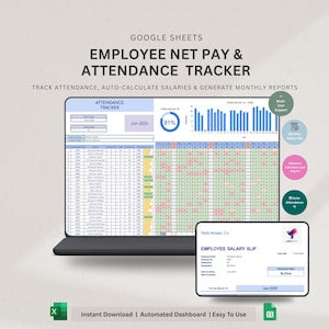 Może przedstawiać: Cyfrowy wyświetlacz pokazuje szablon Google Sheets do śledzenia wynagrodzeń netto i obecności pracowników. Ekran wyświetla tabele danych, wykresy i tekst "EMPLOYEE NET PAY & ATTENDANCE TRACKER". Dodatkowy tekst to "Instant Download | Automated Dashboard | Easy To Use".