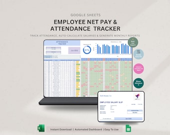 Employee Attendance & Payroll Tracker Google Sheets | HR Salary Calculator, Net Pay Template | Absence , Timesheet Spreadsheet
