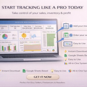 May include: A laptop displays a dashboard with sales and inventory data, including charts and graphs. Text reads "START TRACKING LIKE A PRO TODAY" and "GET IT NOW". The image promotes a system for Etsy sellers and freelancers.