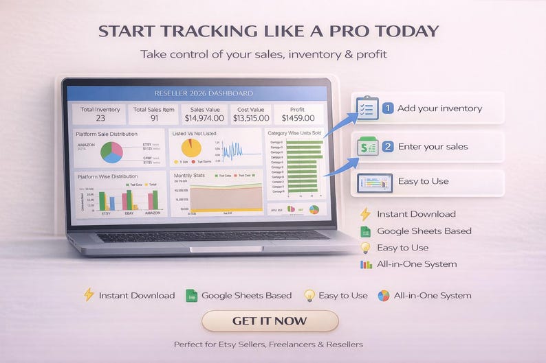May include: A laptop displays a dashboard with sales and inventory data, including charts and graphs. Text reads "START TRACKING LIKE A PRO TODAY" and "GET IT NOW". The image promotes a system for Etsy sellers and freelancers.