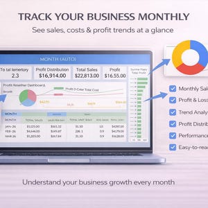 May include: A laptop screen displaying a business dashboard with charts and data. The screen shows monthly sales, profit, and cost trends. Text on the screen reads "Track Your Business Monthly".