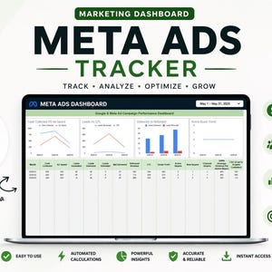 Könnte beinhalten: Ein Laptop zeigt ein Meta Ads-Dashboard mit Diagrammen und Daten. Der Bildschirm zeigt Grafiken und Tabellen zur Verfolgung der Anzeigenleistung. Der Text enthält "Meta Ads Tracker" und "Track, Analyze, Optimize, Grow".