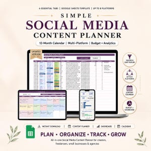 Pode incluir: Um planejador de conteúdo de mídia social digital exibido em um laptop, tablet e smartphone. Inclui um calendário de 12 meses, orçamento e análises. O texto na imagem diz "Simple Social Media Content Planner" e "Planejar, Organizar, Rastrear, Crescer."
