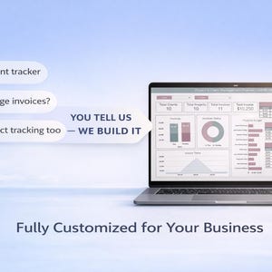 K&ouml;nnte beinhalten: Ein Laptop zeigt ein Business-Dashboard mit Diagrammen und Daten. Sprechblasen fragen nach einem Kunden-Tracker, Rechnungsverwaltung und Projektverfolgung. Der Text lautet "YOU TELL US - WE BUILD IT" und "Fully Customized for Your Business."