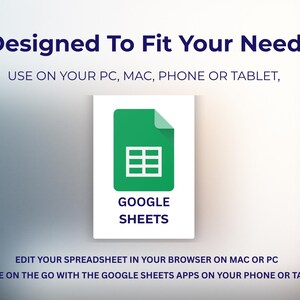 Puede incluir: Un anuncio de Google Sheets con un icono verde y una cuadr&iacute;cula blanca sobre un fondo blanco. El texto dice "Dise&ntilde;ado para satisfacer sus necesidades" e instrucciones para usar en PC, Mac, tel&eacute;fono o tableta. Texto adicional describe la edici&oacute;n de hojas de c&aacute;lculo.