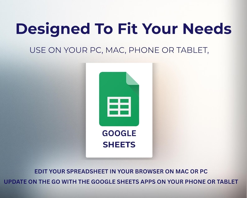 Puede incluir: Un anuncio de Google Sheets con un icono verde y una cuadr&iacute;cula blanca sobre un fondo blanco. El texto dice "Dise&ntilde;ado para satisfacer sus necesidades" e instrucciones para usar en PC, Mac, tel&eacute;fono o tableta. Texto adicional describe la edici&oacute;n de hojas de c&aacute;lculo.